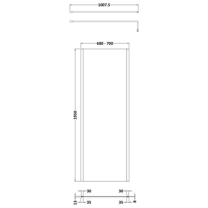 Outer Framed Matt Black 700mm Outer Framed Wetroom Screen with Support Bar - Technical Drawing