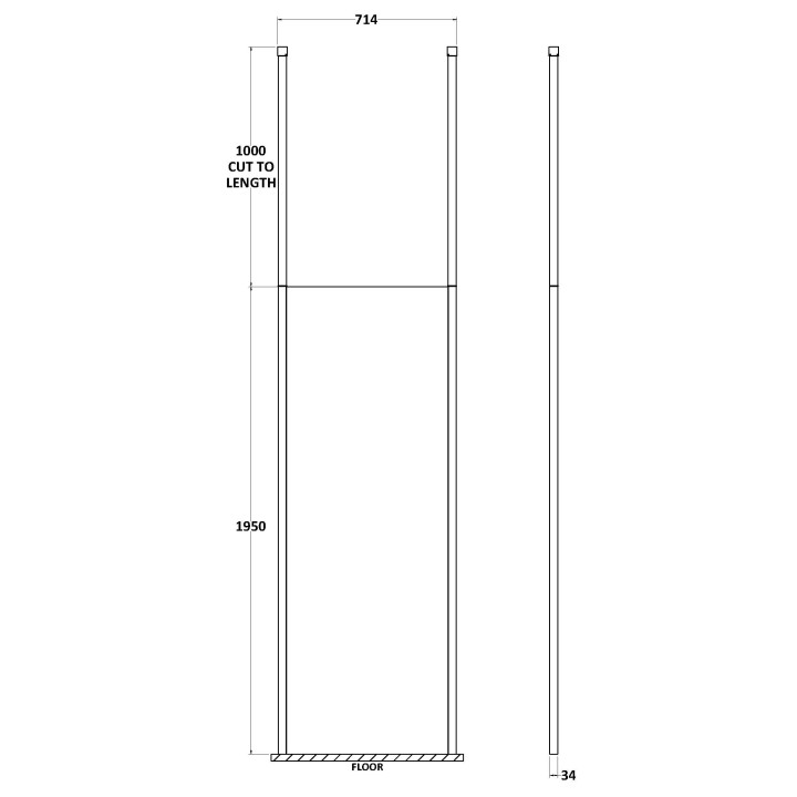 700mm Wetroom Screen with Double Chrome Ceiling to Floor Poles - Technical Drawing