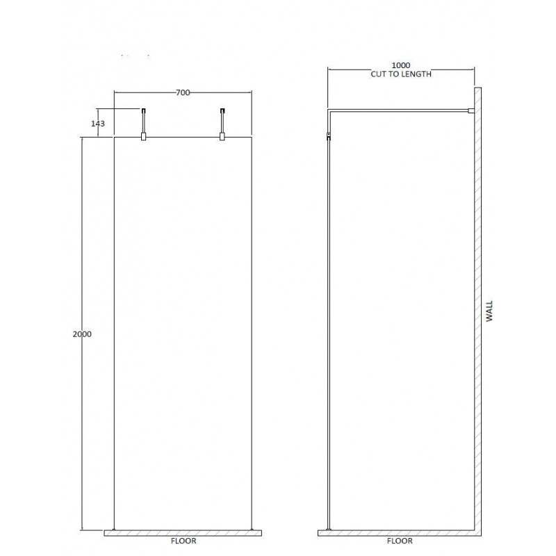 700mm x 1950mm Wetroom Screen with Black Support Bars and Feet - Technical Drawing