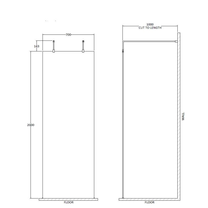 700mm x 1950mm Wetroom Screen with Black Support Bars and Feet - Technical Drawing