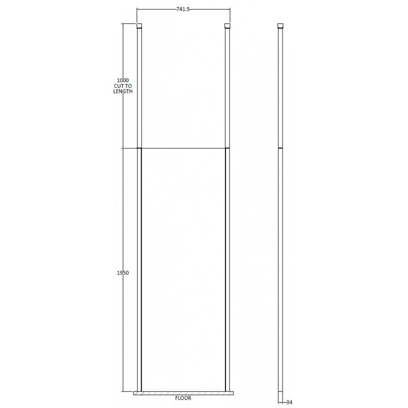 700mm x 1950mm Wetroom Screen with Black Ceiling Posts - Technical Drawing