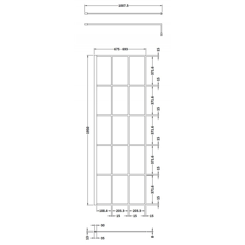 700mm Framed Wetroom Screen with Support Bar - Technical Drawing