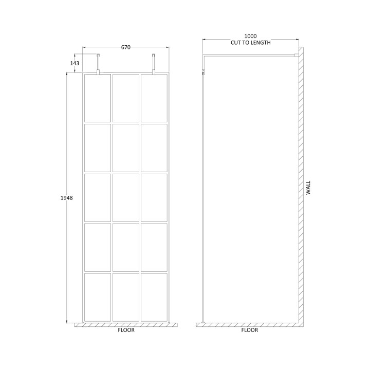 700mm x 1950mm Black Framed Wetroom Screen with Support Bars and Feet - Technical Drawing
