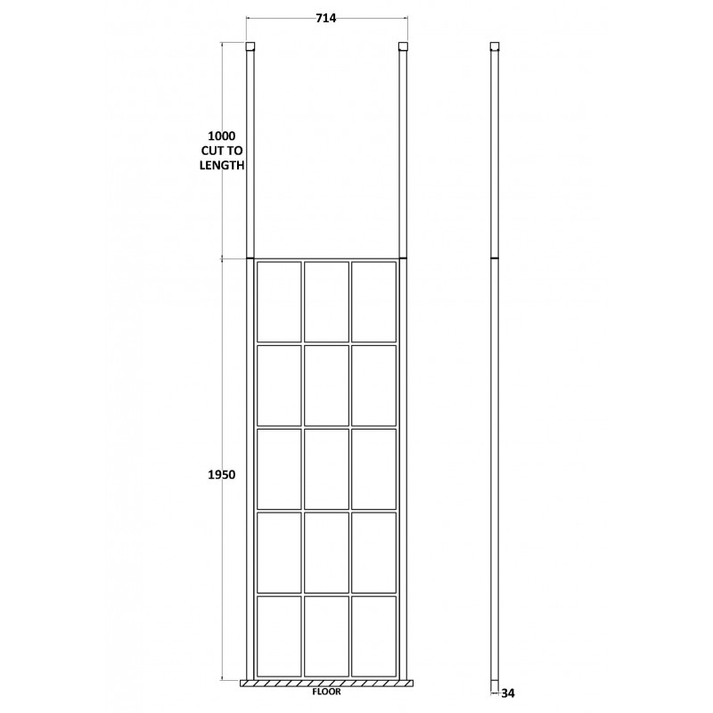 700mm x 1950mm Black Framed Wetroom Screen with Ceiling Posts - Technical Drawing