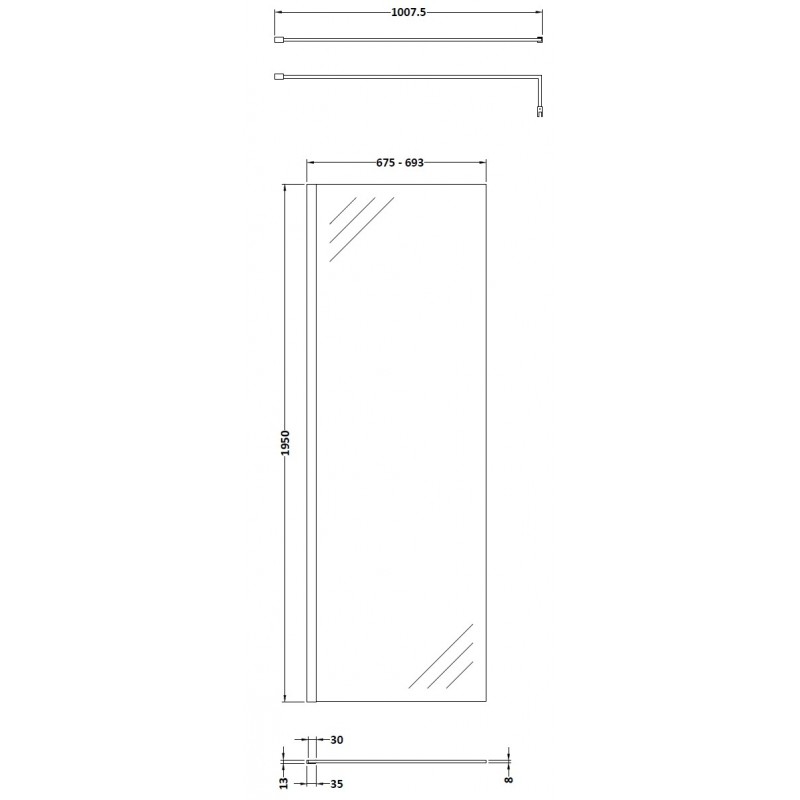 Brushed Brass 700mm Wetroom Screen With Brass Support Bar - Technical Drawing