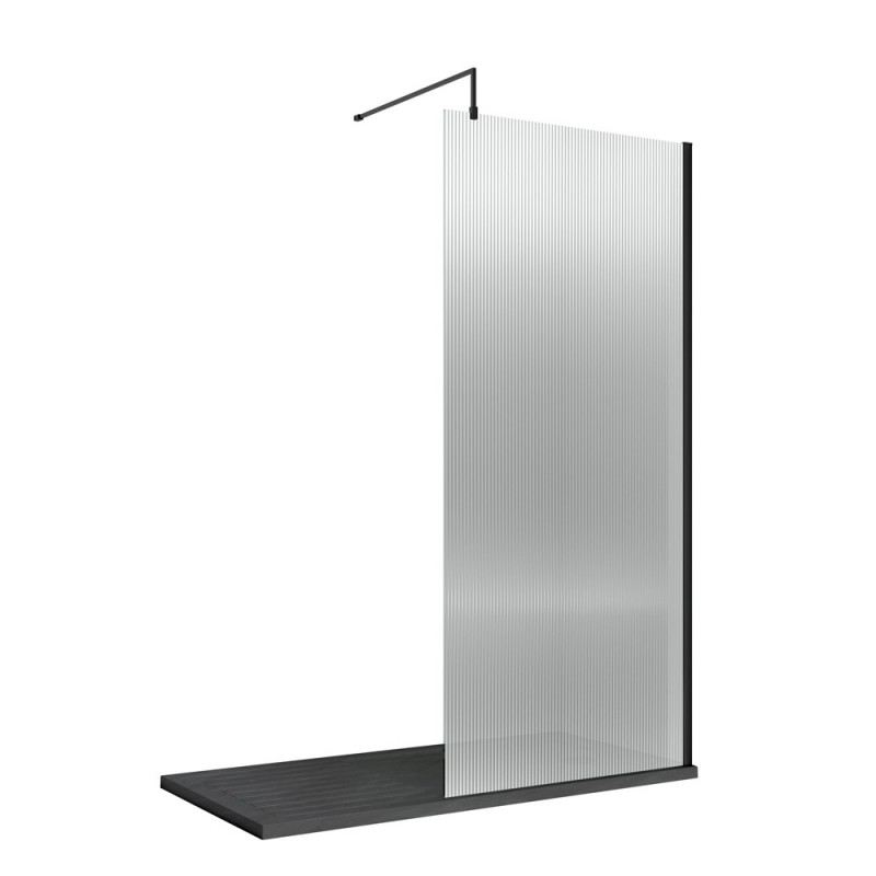 Matt Black 800mm Fluted Wetroom Screen with Support Bar - Main