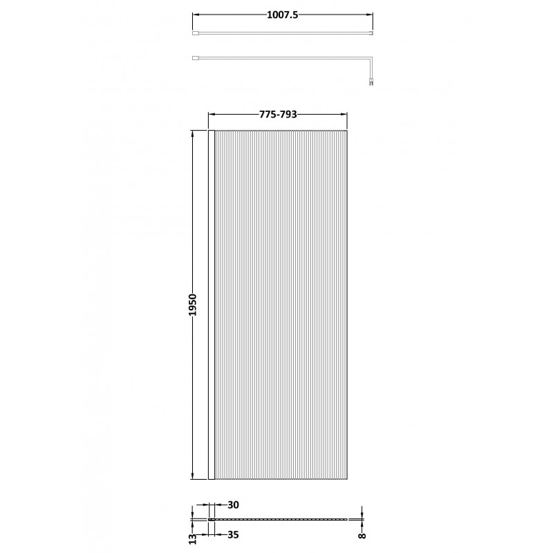 Matt Black 800mm Fluted Wetroom Screen with Support Bar - Technical Drawing