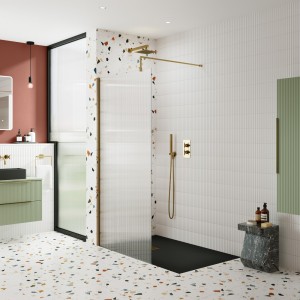 Brushed Brass Fluted Wetroom Screens with Support Bar