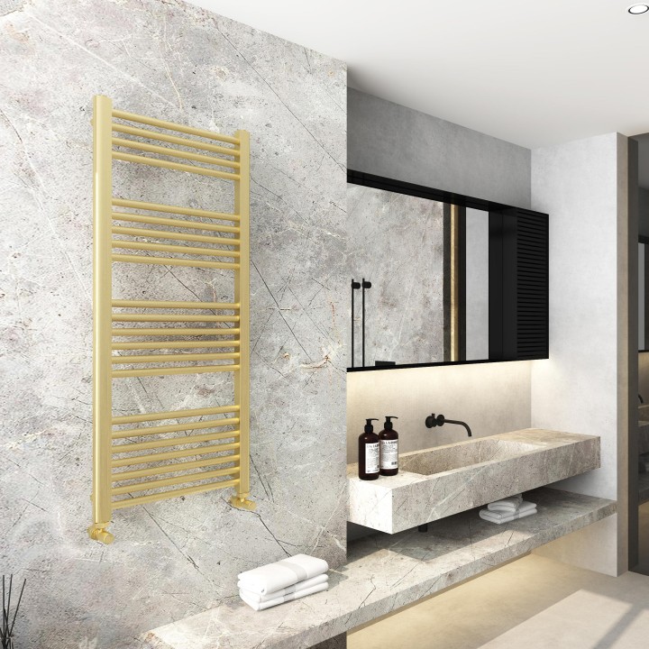 500mm (w) x 1200mm (h) Electric Straight Brushed Brass Towel Rail (Single Heat Or Thermostatic Option)