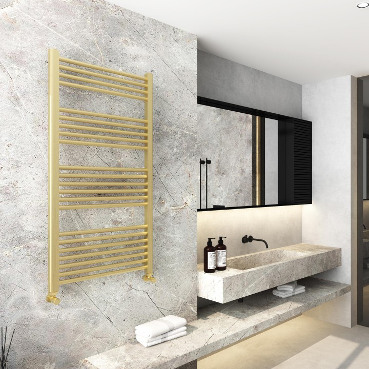 600mm (w) x 1200mm (h) Electric Straight Brushed Brass Towel Rail (Single Heat Or Thermostatic Option)