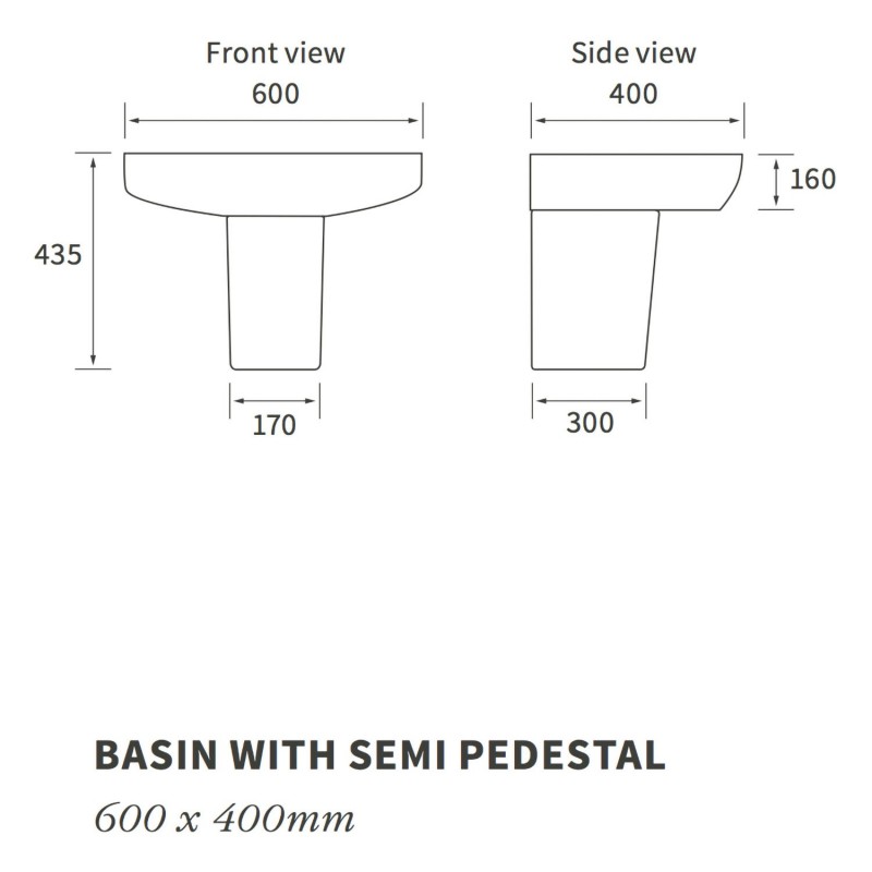 Venice 600mm(w) x 400mm(d) 1 Tap Hole Basin & Semi Pedestal