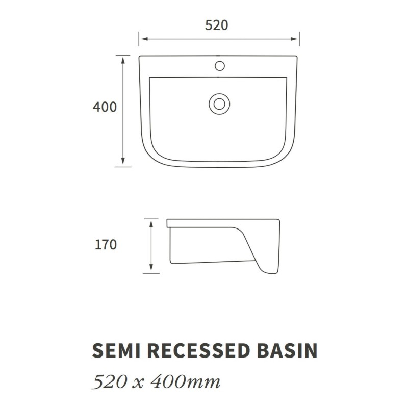 Parma 520mm(w) x 400mm(d) 1 Tap Hole Semi Recessed Basin