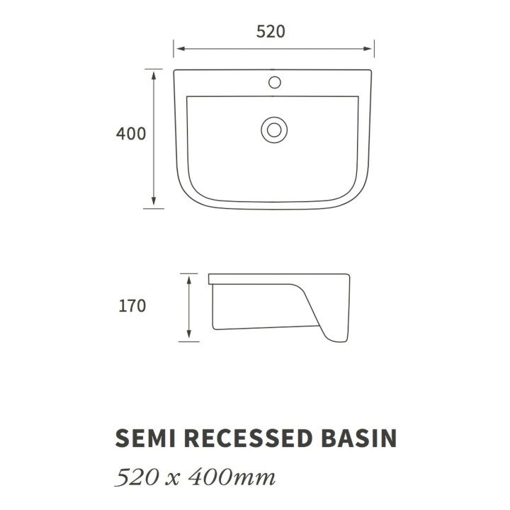 Parma Semi Recessed Basin 520mm (w) x 170mm (h) - 1 Tap Hole