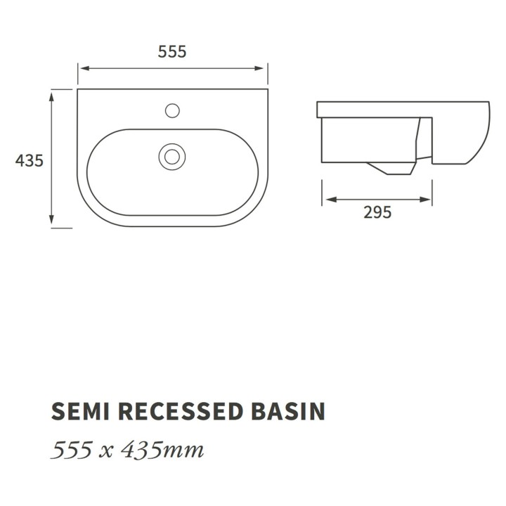 Milan Semi Recessed Basin 555mm (w) x 185mm (h) - 1 Tap Hole