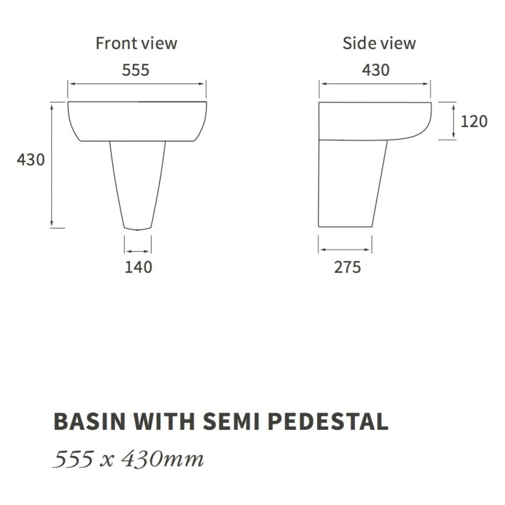 Milan Semi Pedestal Basin 555mm (w) x 430mm (h) - 1 Tap Hole