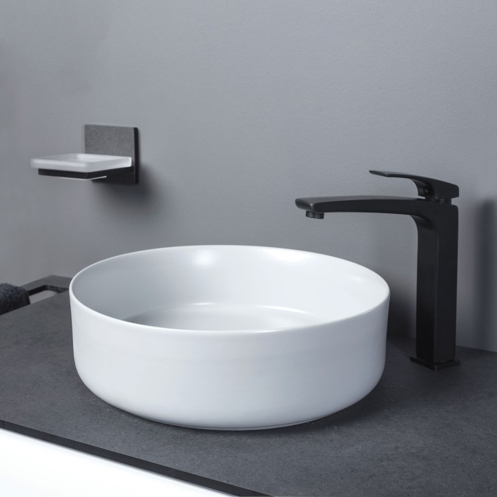Lucca 355mm (w) Matt White Ceramic Round Washbowl & Built In Waste