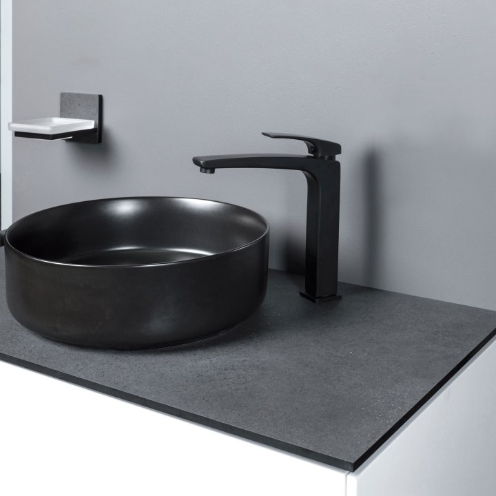 Lucca 355mm (w) Matt Black Ceramic Round Washbowl & Built In Waste
