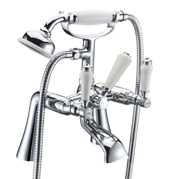 Gallileo Twin Lever Traditional Chrome Deck Mounted Bath/Shower Mixer with Hand Shower & Parking Bracket