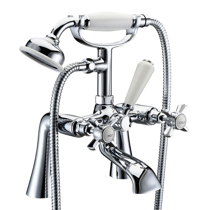 Shergar Twin Lever Traditional Chrome Deck Mounted Bath/Shower Mixer with Hand Shower & Parking Bracket