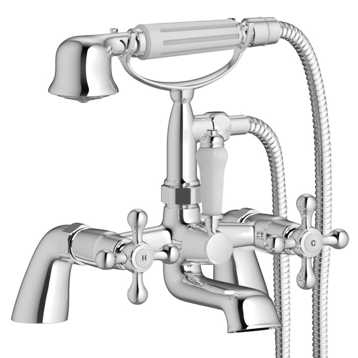 Enable Twin Lever Traditional Chrome Deck Mounted Bath/Shower Mixer with Hand Shower & Parking Bracket