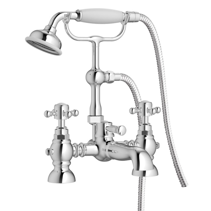 Justify Twin Lever Traditional Chrome Deck Mounted Bath/Shower Mixer with Hand Shower & Parking Bracket