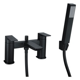 Marengo Twin Lever Matt Black Deck Mounted Bath/Shower Mixer with Hand Shower & Parking Bracket