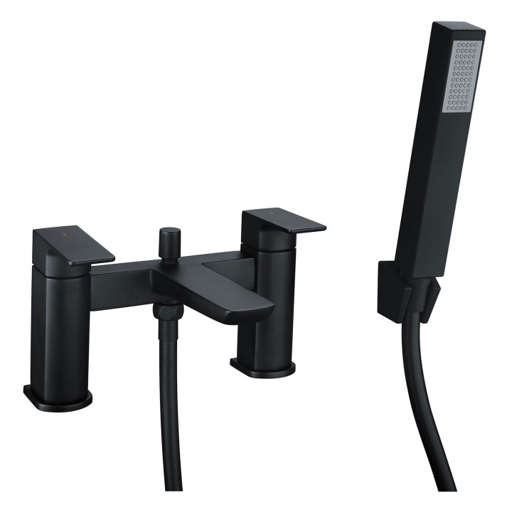 Marengo Twin Lever Matt Black Deck Mounted Bath/Shower Mixer with Hand Shower & Parking Bracket