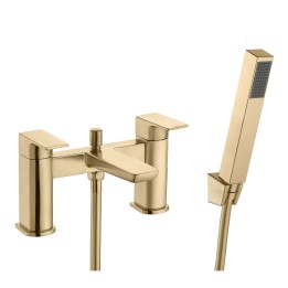Marengo Twin Lever Brushed Brass Deck Mounted Bath/Shower Mixer with Hand Shower & Parking Bracket