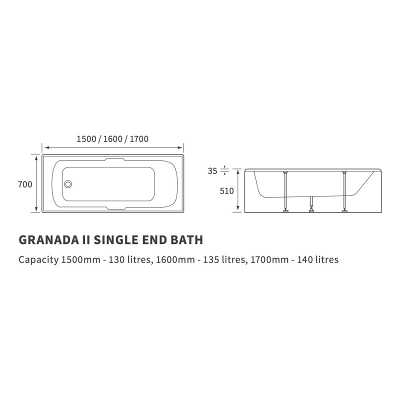 Mustang Single Ended  2 Tap Hole Bath With Twin Grip Textured Base 8mm 1700mm(l) x 700mm(w) x 510mm(h)