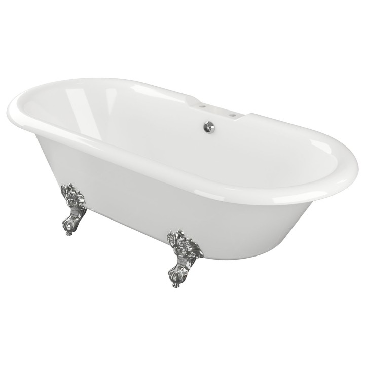 Rondo Freestanding Double Ended Traditional Bath with Chrome Feet - 1690mm(l) x 740mm(w) x 620mm(h) 2 Tap Holes