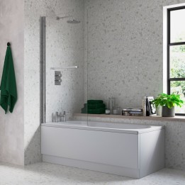 Chrome Single Straight Edge Hinged Bath Screen With Rail 800mm(w) x 1500mm(h) - 6mm Glass - 180 Degree Pivot