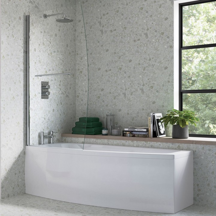 Chrome Space Saver Hinged Bath Screen 900mm(w) x 1500mm(h) - 6mm Glass - 180 Degree Pivot