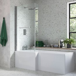 Chrome L-Shape Hinged Bath Screen 815mm(w) x 1500mm(h) x 150mm(d) - 6mm Glass - 180 Degree Pivot