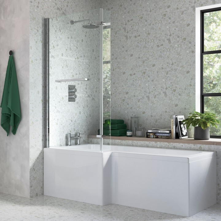 Chrome L-Shape Hinged Bath Screen 815mm(w) x 1500mm(h) x 150mm(d) - 6mm Glass - 180 Degree Pivot