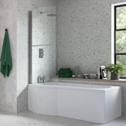 Chrome P-Shape Bath Hinged Screen 760mm(w) x 1500mm(h) - 6mm Glass - 180 Degree Pivot