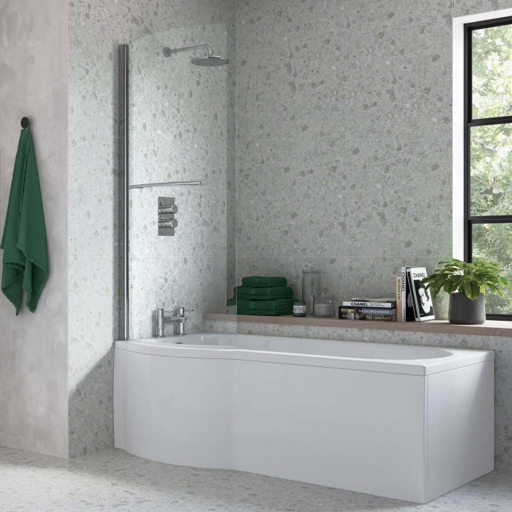 Chrome P-Shape Bath Hinged Screen 760mm(w) x 1500mm(h) - 6mm Glass - 180 Degree Pivot