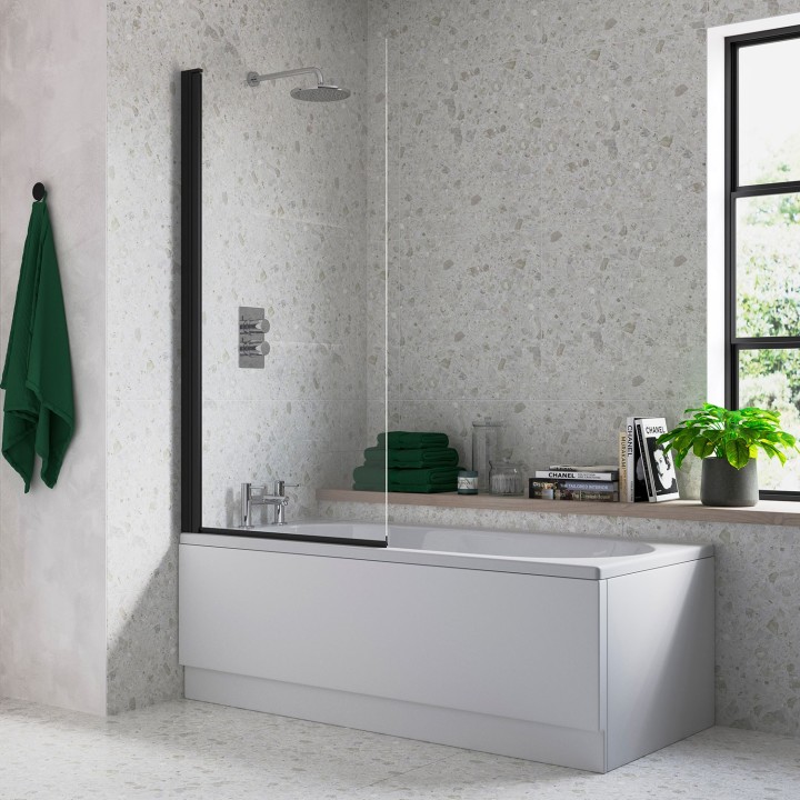 Black Hinged Bath Screen 800mm(w) x 1500mm(h) - 6mm Glass - 180 Degree Pivot