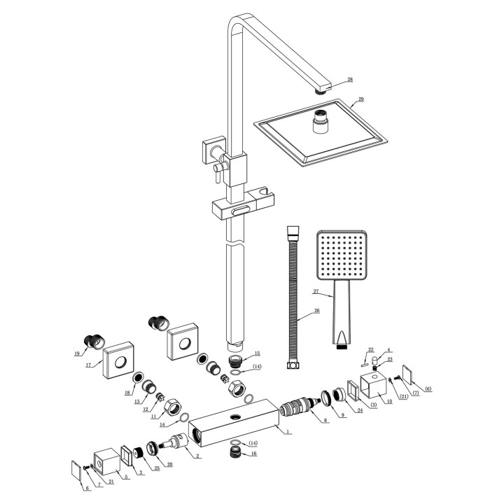 Chrome Square Thermostatic Shower Column with Riser, Slimline Hand shower & Overhead Kit (200mm Shower Head)