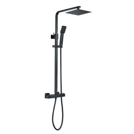 Matt Black Square Thermostatic Shower Column with Riser, Slimline Hand shower & Overhead Kit (200mm Shower Head)