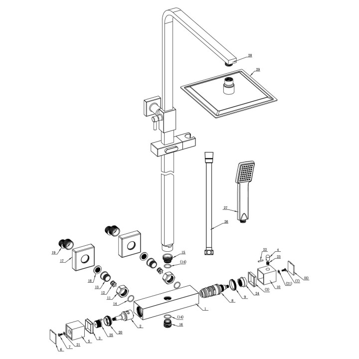 Matt Black Square Thermostatic Shower Column with Riser, Slimline Hand shower & Overhead Kit (200mm Shower Head)