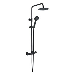 Matt Black Round Thermostatic Bar Shower Mixer With Riser & Overhead Kit (200mm Shower Head)