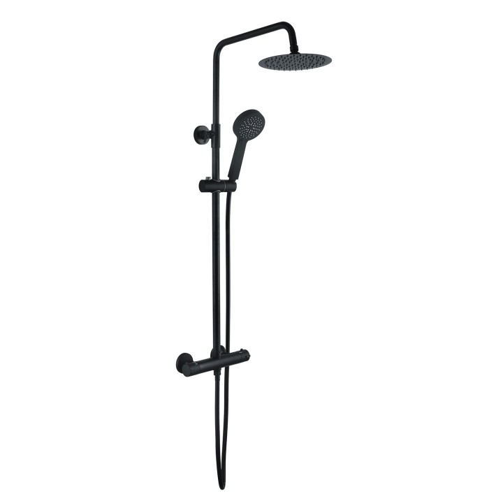 Matt Black Round Thermostatic Bar Shower Mixer With Riser & Overhead Kit (200mm Shower Head)