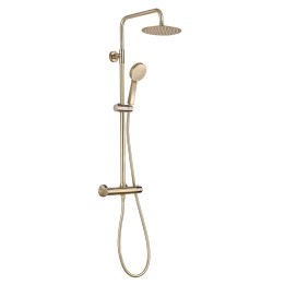 Brushed Brass Round Thermostatic Bar Shower Mixer With Riser & Overhead Kit (200mm Shower Head)