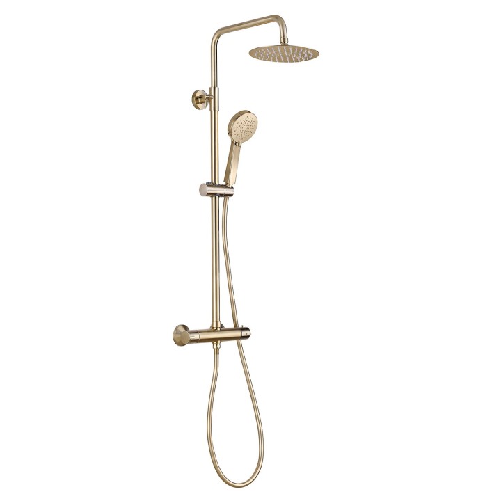 Brushed Brass Round Thermostatic Bar Shower Mixer With Riser & Overhead Kit (200mm Shower Head)