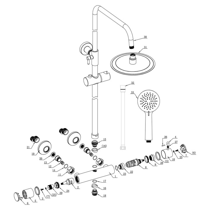 Brushed Brass Round Thermostatic Bar Shower Mixer With Riser & Overhead Kit (200mm Shower Head)