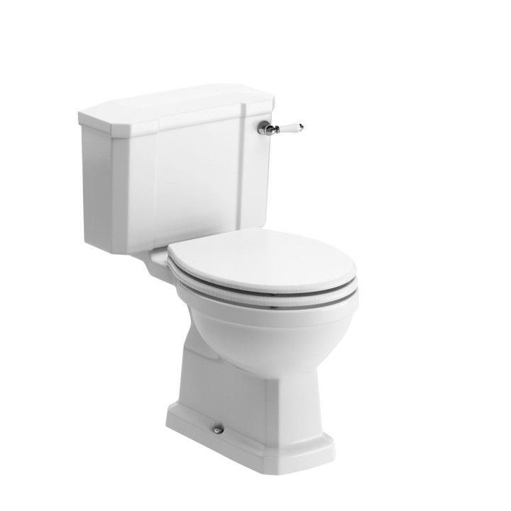 Bari Traditional Closed Coupled Open Back Toilet & Satin White Wood Effect Seat