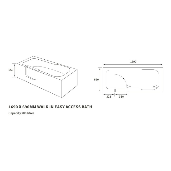 Cobalt Walk-in Accessibility Bath (Left or Right Hand) - 1690mm(l) x 690mm(w) x 550mm(h)