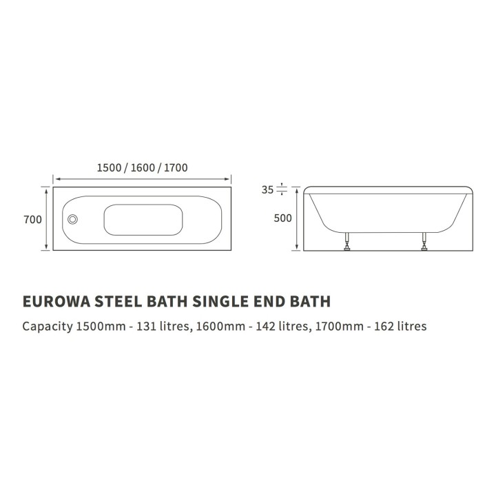 Mondial Single Ended Steel Baths with x2 Pre-drilled Tap Holes & Adjustable Legs (3 Sizes)