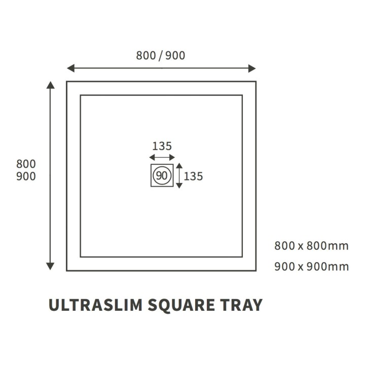 25mm (H) Ultra-Slim Square Trays Includes Chrome Waste   - 800mm to 900mm (W) - Mid Waste Location (2 Sizes)