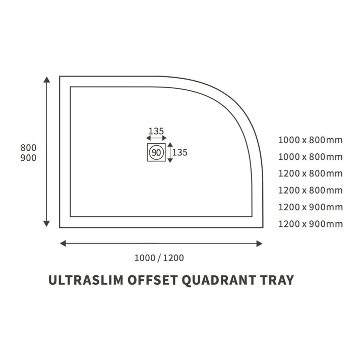 25mm (H) Offset Quadrant Trays  Includes Chorme Waste - 1000mm To 1200mm (W) - Mid Waste Location (2 Sizes - Left or Right Hand)